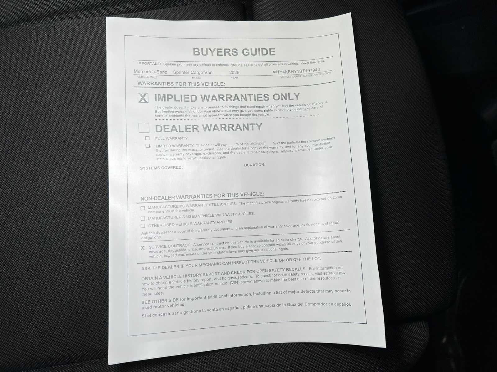 2025 Mercedes-Benz Sprinter 2500 Standard Roof I4 Diesel 144" RWD