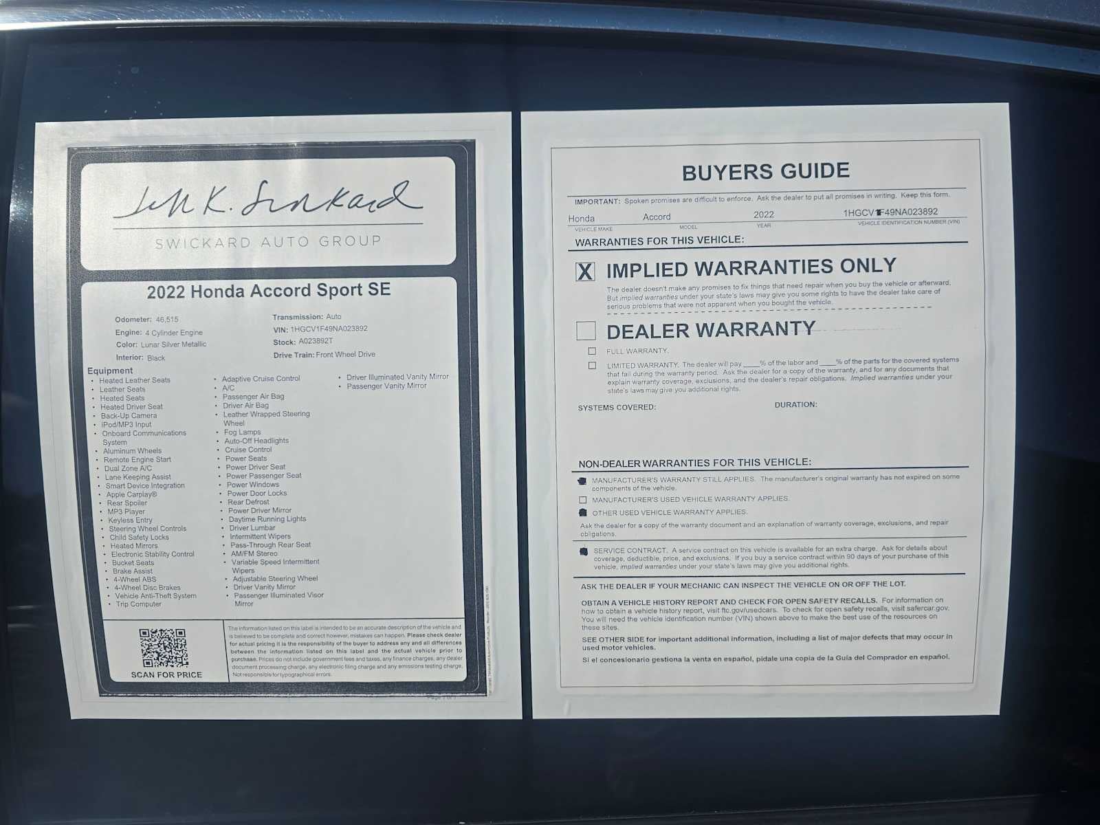 2022 Honda Accord Sport SE